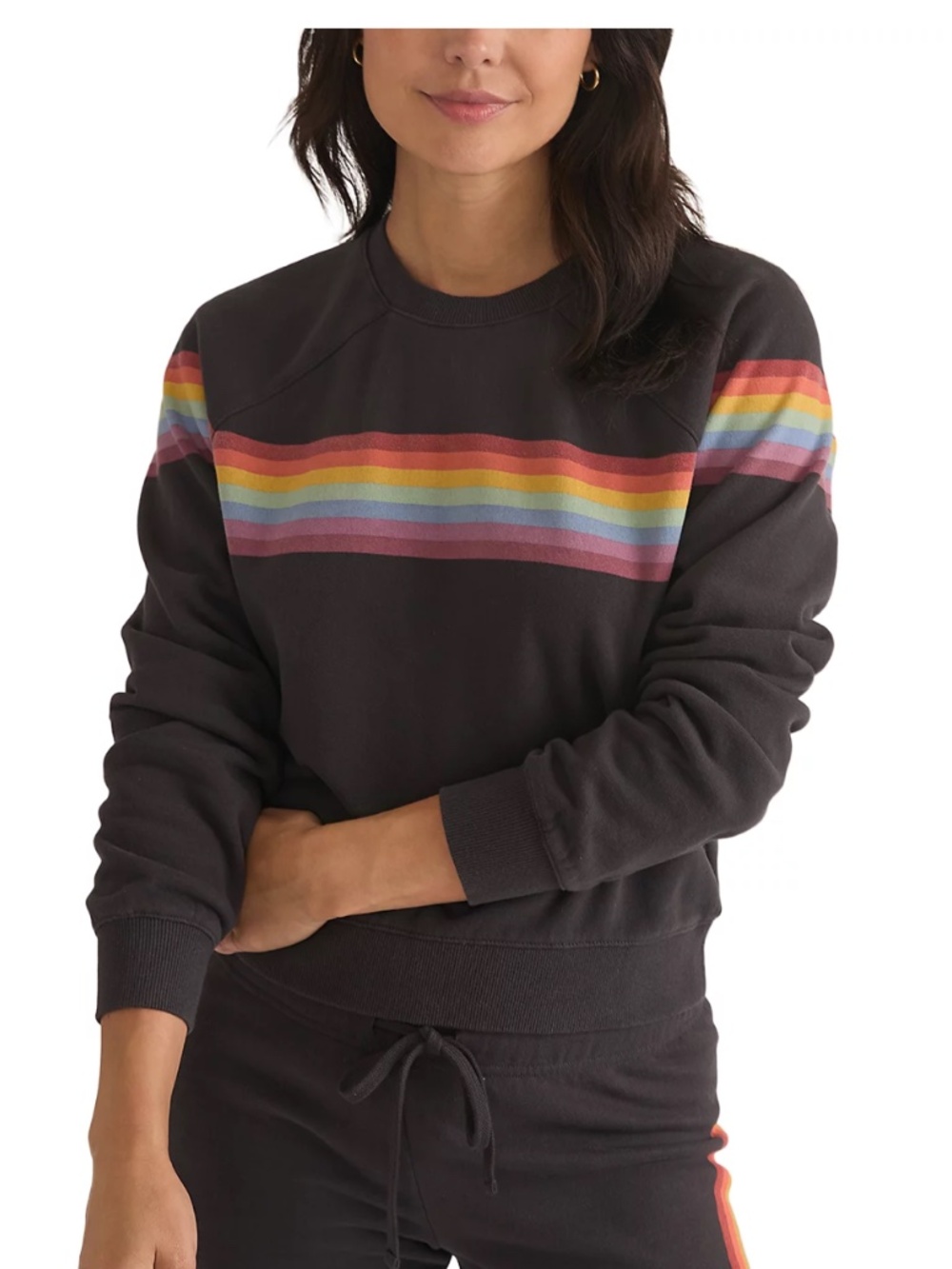 Marine Layer Anytime Rainbow Striped Sweatshirt in Washed Black NWT